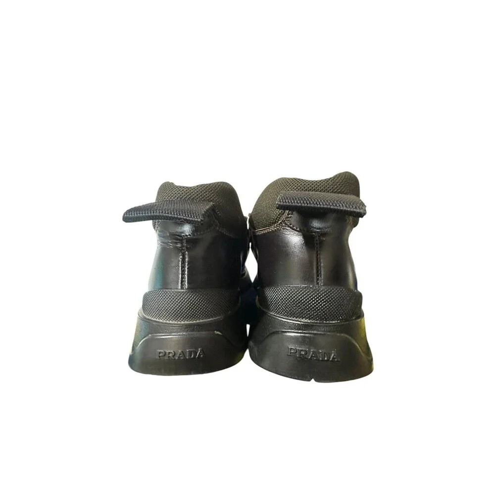 VTG Prada Boots Cross Strap Hook Loop Black Leather Lug Sole Chunky 39 US 7